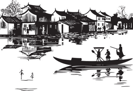 Nostalgic Riverfront Pathways Black Vector Emblem Riverside Tranquility Vintage Black Vector Designのイラスト素材