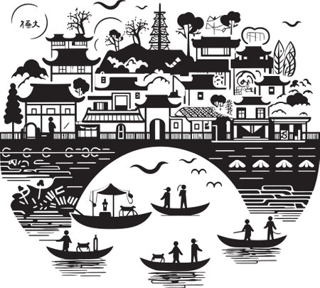 Riverside Recollections Black Vector Logo Vintage Riverside Composition Vintage Town Emblemのイラスト素材