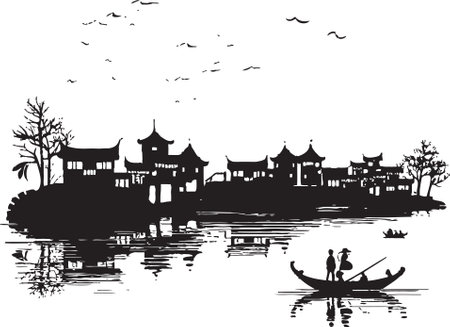 Riverbank Reverie Vintage Town Emblem Retro Riverside Charm Black Vector Designのイラスト素材
