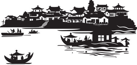 Riverfront Serenity Vintage Black Vector Design Riverside Nostalgia Black Vector Symbolのイラスト素材