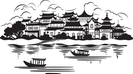 Riverside Nostalgia Black Vector Symbol Vintage Town Aura Black Vector Iconのイラスト素材