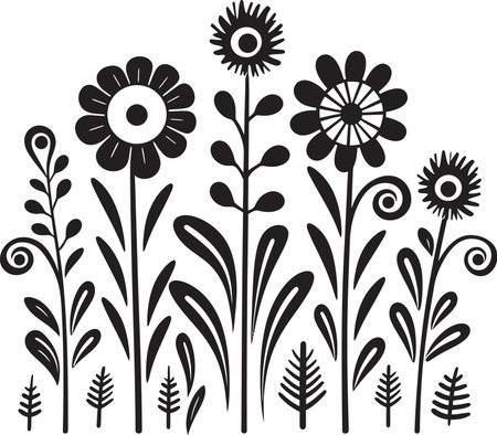Floral Scribble Charm Black Vector Quirky Blossom Sketch Monochrome Emblemのイラスト素材
