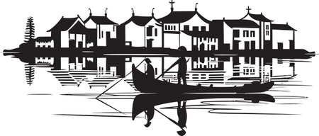 Charming Riverbank Locale Emblematic Symbol Retro Town by the River Iconic Monochrome Markのイラスト素材