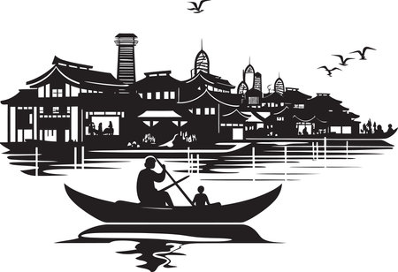 Classic Riverside Elegance Vintage Emblem Design Quaint Waterfront Vista Vector Black Logoのイラスト素材