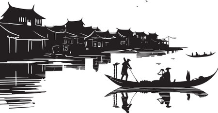 Riverside Heritage Black Vector Detail Quaint Waterside Hamlet Iconic Emblemのイラスト素材