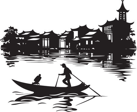 Riverside Hamlet Charm Emblematic Detail Vintage Riverfront Icon Iconic Symbolのイラスト素材