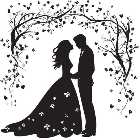 Wedding Petals Stylish Black Icon Chic Floral Couple Emblematic Detailのイラスト素材