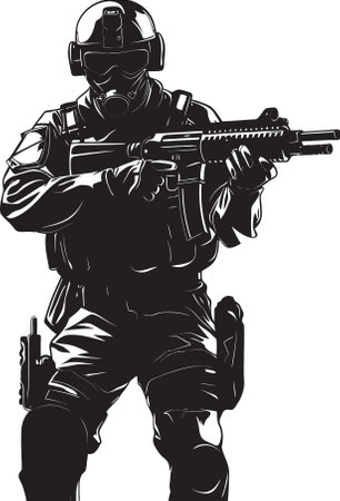 Shielded Vigilance Sleek Vector Emblem Showcasing SWAT Police Authority in Black Dynamic Defense Monochromatic SWAT Poliのイラスト素材