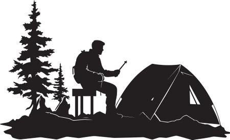 Starry Night Campsite Elegant Black Icon Featuring Camping Design Moonlit Adventure Chic Camping Icon in Monochromatic Bのイラスト素材
