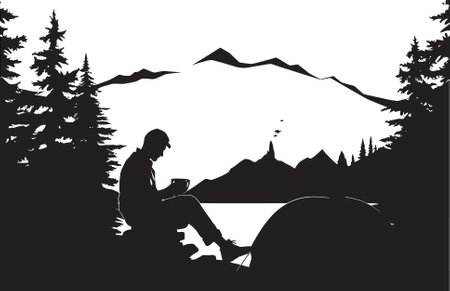 Rustic Retreat Chic Camping Icon in Sleek Black Under the Stars Elegant Black Icon Showcasing Vector Camping Designのイラスト素材