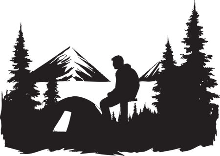 Rustic Serenity Chic Camping Icon in Monochromatic Black Mountain Majesty Sleek Black Icon Showcasing Vector Camping Desのイラスト素材