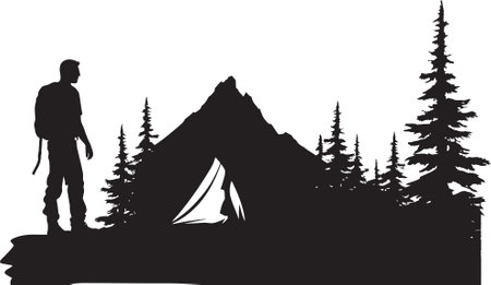 Into the Wild Elegant Black Icon Illustrating Outdoor Vector Design Mountain Majesty Monochrome Emblem for Nighttime Camのイラスト素材