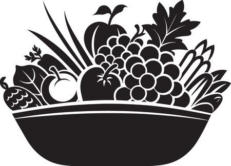 Wholesome Delight Vector Emblems in Sleek Black Portray the Delightful Nutrition of a Fruit Basket Design Nutrient Elegaのイラスト素材