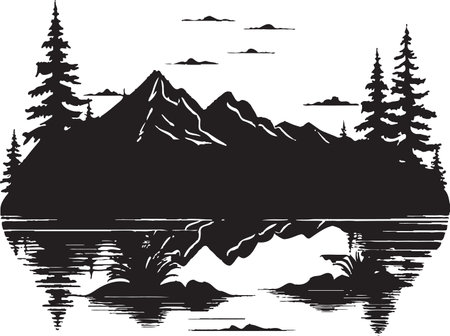 Nightfall Nirvana Black Mountain River and Tree Icon Obscured Outdoors Vector Landscape with River and Trees in Blackのイラスト素材
