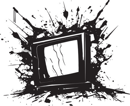 Fractured Flatpanel Black Element of Broken TV in Noir Fragmented Flatscreen Vector Graphic of Smashed TVのイラスト素材
