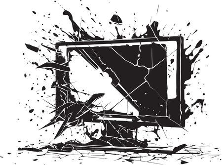 Ruined Reception Black Element of Smashed Television Design Wrecked Watchbox Vector Illustration of Broken TV Screenのイラスト素材
