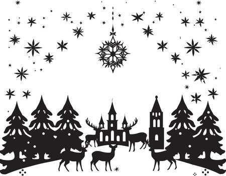 Mystic Moonlight Manger Intriguing Black Vector Christmas Card Ebony Enigmatic Evergreens Refined Vector Christmas Cardのイラスト素材