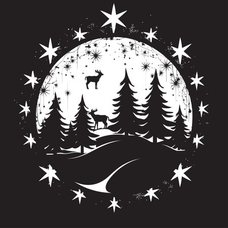 Midnight Merry & Bright Elegant Vector Christmas Card Illustration Ink Icicle Infusion Contemporary Black Vector Christmのイラスト素材