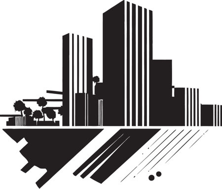 Noir Nostalgia Stylish Abstract Vector Architecture Shadowed Skylines Elegant Black Building Symbolのイラスト素材