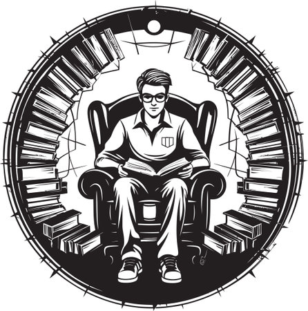 Literary Lounge Student Nestled Among Books Icon Wisdom Whirlpool Student Absorbed in Books Emblemのイラスト素材