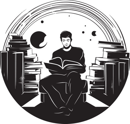 Knowledge Kiosk Student with Books   Study Sanctuary Student Enveloped by Books Iconのイラスト素材