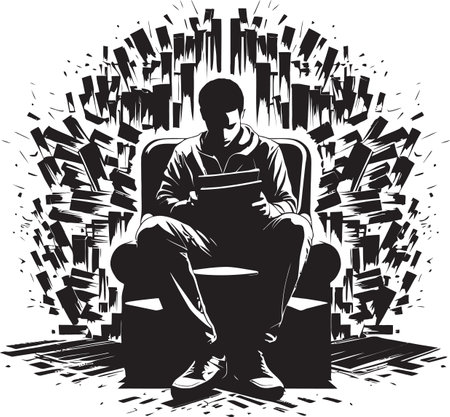 Literary Retreat Student in Chair with Books   Knowledge Nook Student Immersed in Books Iconのイラスト素材