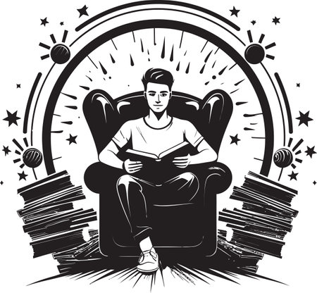 Scholarly Serenity Student with Books in Black Vector Intellectual Island Student Surrounded by Booksのイラスト素材