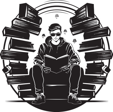 Readers Refuge Student with Books in Black Vector Learning Lair Student Engrossed in Booksのイラスト素材