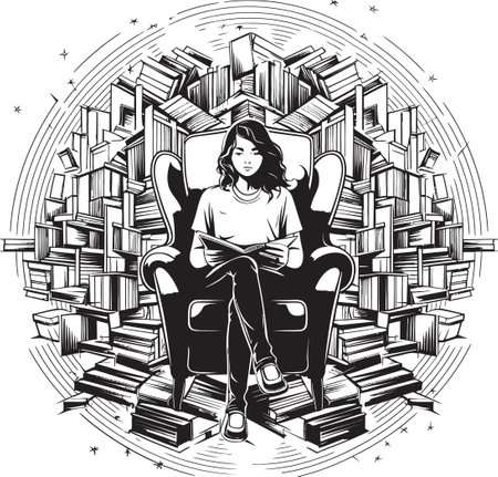 Scholarly Serenity Student with Books in Black Vector Intellectual Island Student Surrounded by Books Logoのイラスト素材