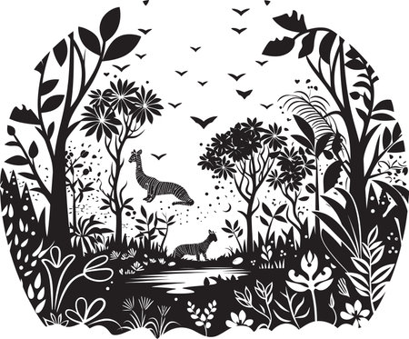 Tropical Treasures Bold Jungle Emblem Jungle Odyssey Stylish Black Iconのイラスト素材