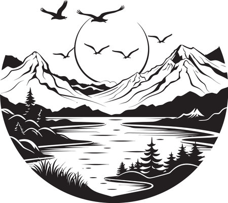 Noir Nature Vista Black Landscape with River and Trees Obsidian Outlook Mountain River Vector Design in Blackのイラスト素材