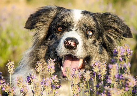 Beautiful border collie dog breed in lavender on a clear day. close upの写真素材