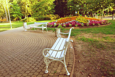 pedestrian zone in spa Franzensbad with benchの写真素材