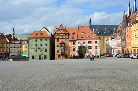 view of the historical palí?ek in the square of the King of the Pod?brady in Chebの写真素材