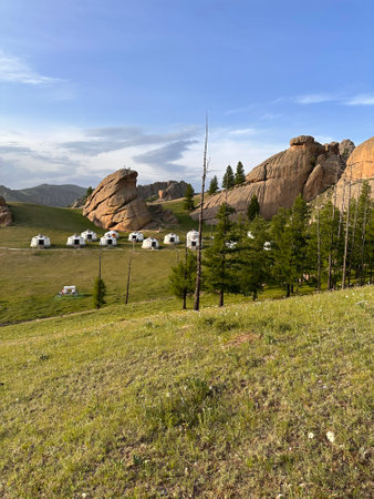 Mountain camping yurts in Gorkhi-Terelj National Park in Mongoliaの写真素材
