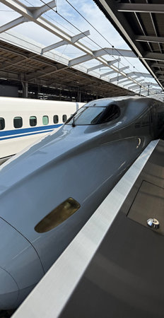 modern high speed train in the railway station, closeup of photo Japanese high-speed train shinkansen,の写真素材
