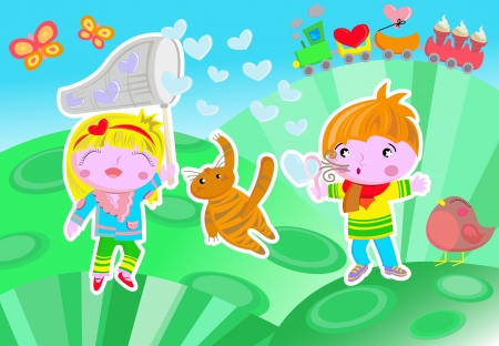 An illustration with two playful children playing with soap bubbles heart shaped  They are standing in a  hill where there is a little train, a bird, and two butterflies  There is also a little cat that is trying to distroy a bubble のイラスト素材