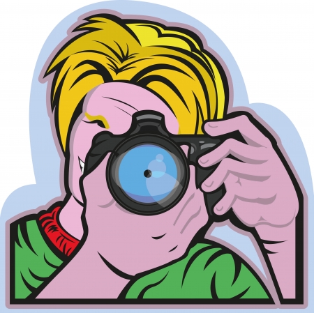 This illustration shows a man taking a picture  He s holding a camera watching into it to focus the snap のイラスト素材