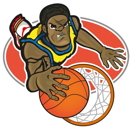 A basketball player that is putting the ball into the basket  The file is divided into grouped layers  Red circle with his border is into a different layer  Gradient used for the ball のイラスト素材
