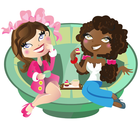  two women having tea illustrationのイラスト素材