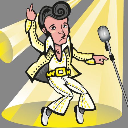 This illustration represents the singer Elvis Presley the pelvis, with his white suit. The file is an eps 8, no transparency used, gradient used in the background and in the microphone. Everything is grouped and divided into different layersのイラスト素材