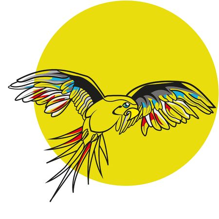 This file Represents a transparent parrot with some color red blue and yellow on the feathers That is flying in front of the sun or in front of a yellow background. Everything is grouped and divided into layers.のイラスト素材