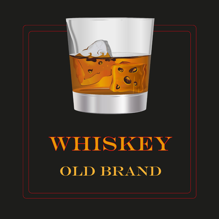 This file represents a transparent glass of orange or brown whiskey, with the write "old brand" in a black background. Everything is grouped and divided into layers.のイラスト素材