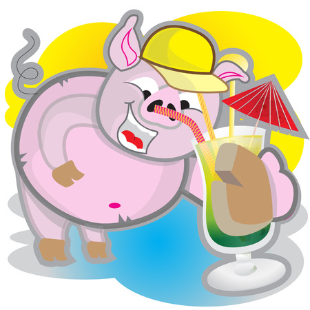This file represents a smiling pink pig while drinking a concktail.のイラスト素材