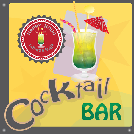 This file represents a sign or a label or a graphic for a cocktail bar or an invitation. There is a cocktail glass, the write cocktail bar and a label with the write lounge bar, happy hour. The prevalent colors are yellow, green and red. Everything is grouped and divided into layers.のイラスト素材