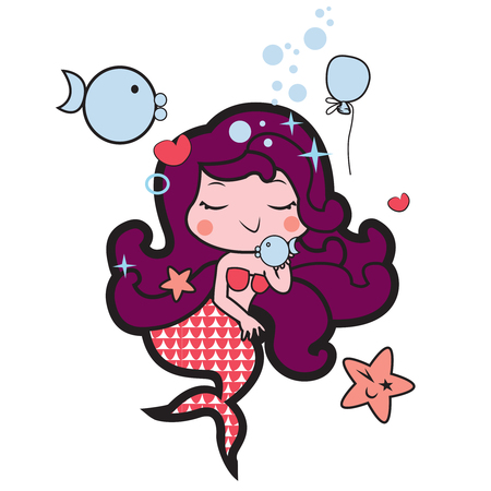 This file represents a little mermaid relaxing and playing with some fishのイラスト素材