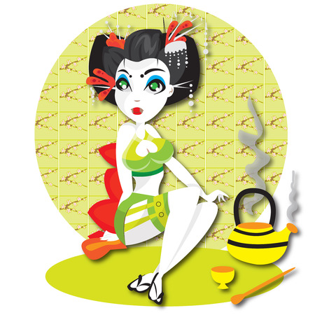 This illustration represents a young geisha while drinking teaのイラスト素材