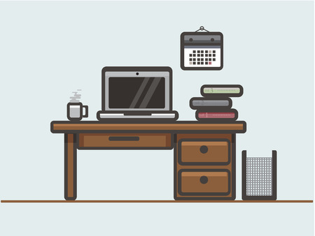 This illustration represents a desk with work tool, as a pc, cup of coffee, and some book.のイラスト素材