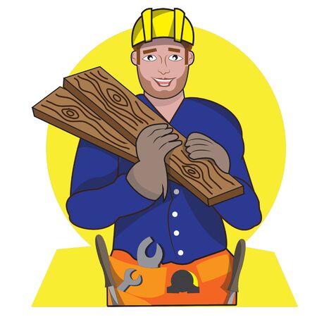 Woodworker holding wood with yellow backgroundのイラスト素材