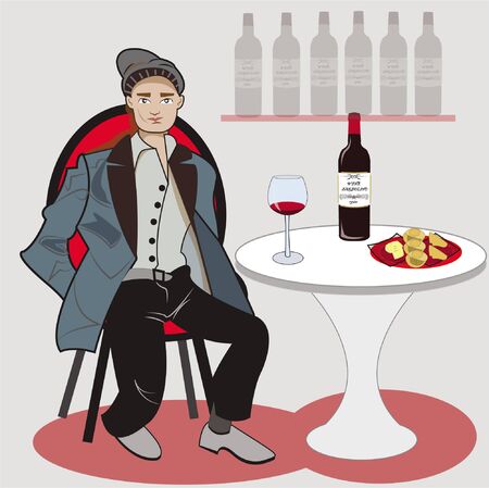 This illustration represents a young man while eating at a appetizer.のイラスト素材